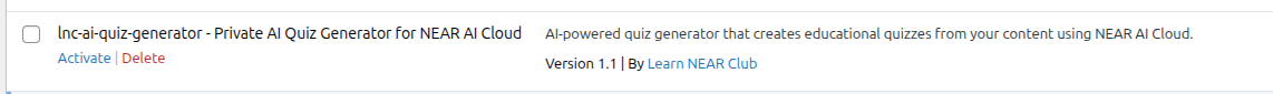 WordPress plugins list showing LNC AI Quiz Generator plugin