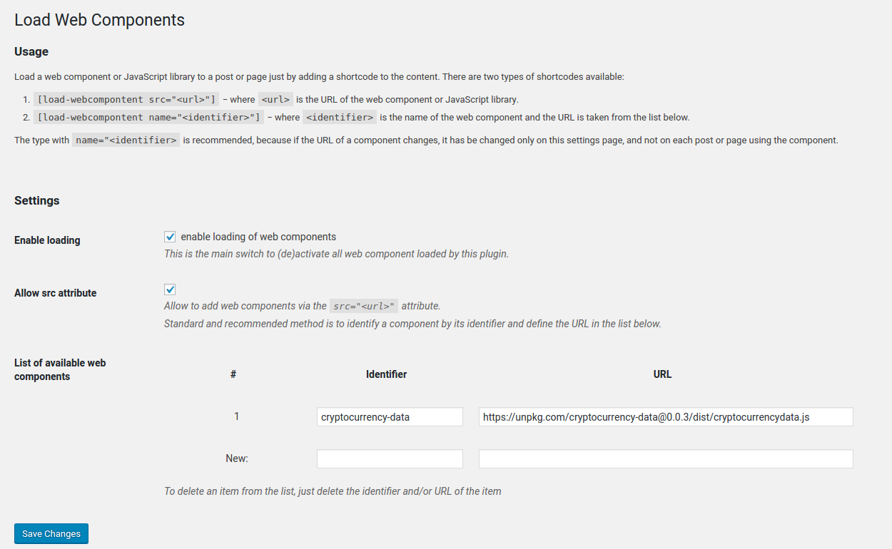 Settings page, where identifiers and URLs of web components or JavaScript libraries are defined.