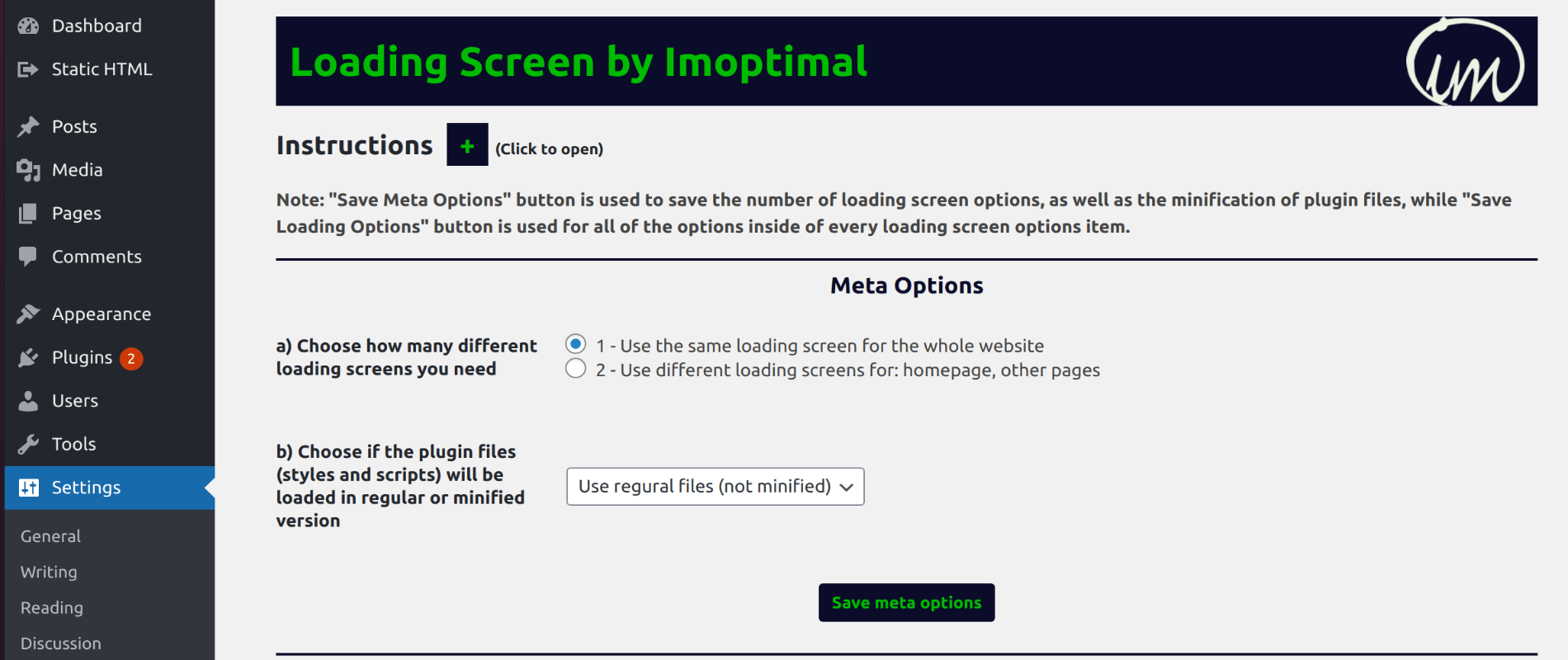 Meta options section in the settings page