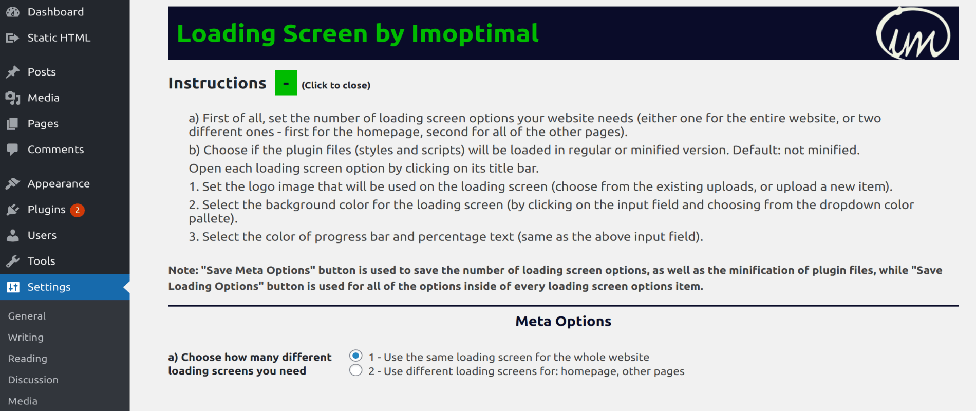 Collapsible instructions section in the settings page