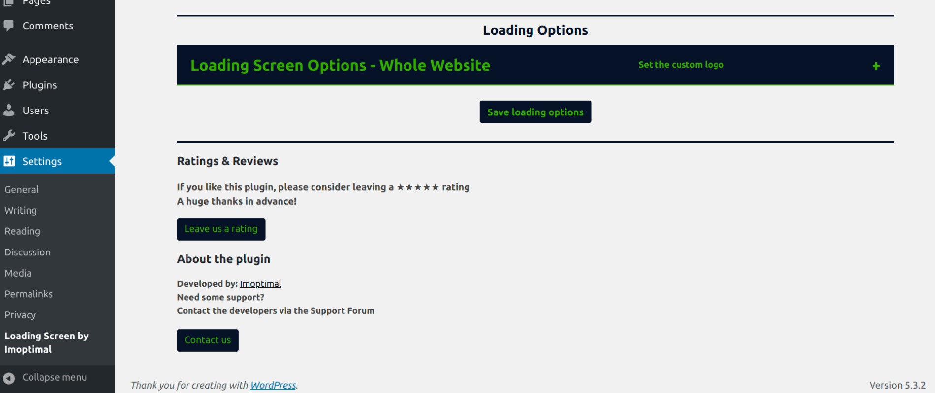 Loading Screen options section in settings page