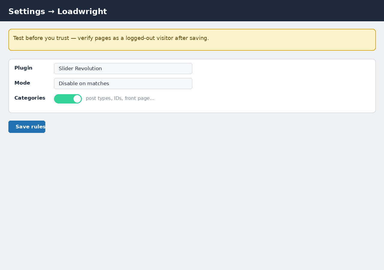 A single rule targeting a plugin by category and post type.