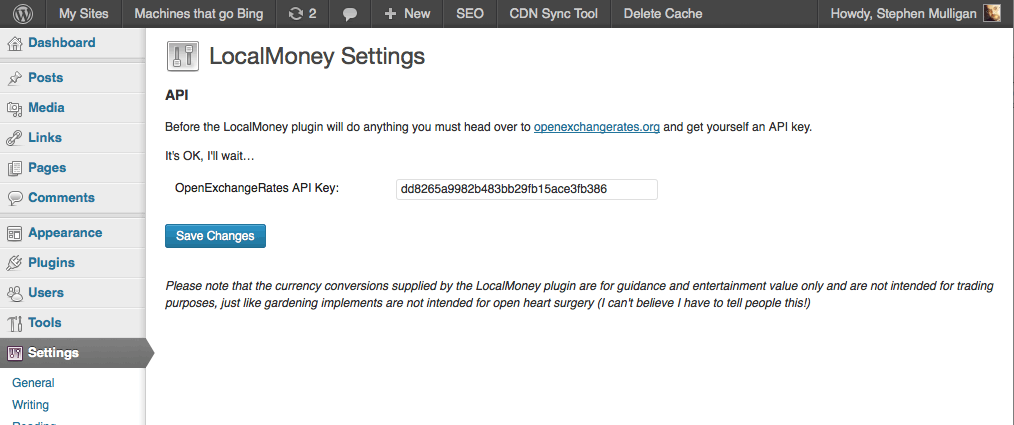 The LocalMoney settings page.