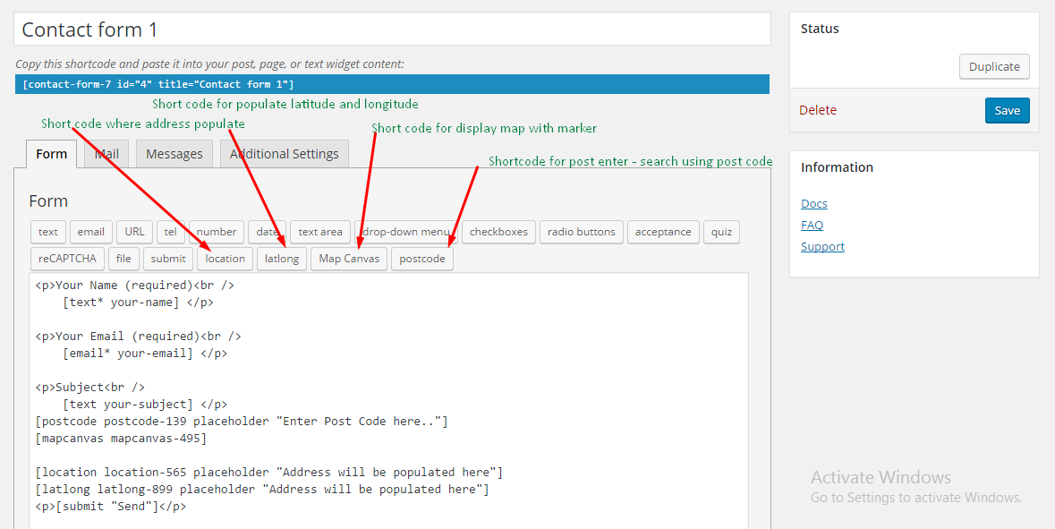 Location picker fields tag generator in contact form 7