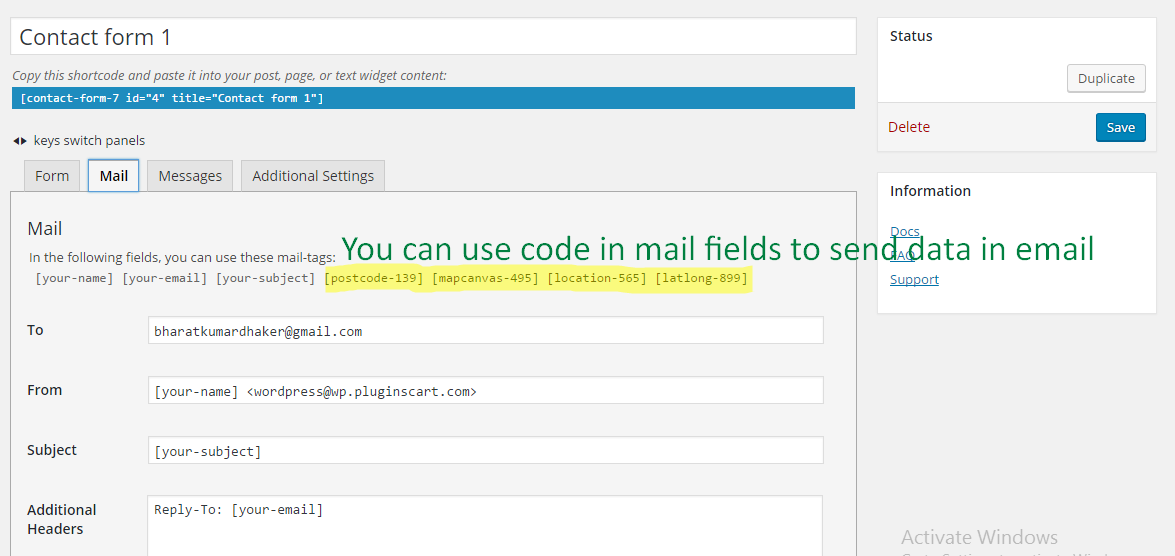 Use tags in mail contact form 7.
