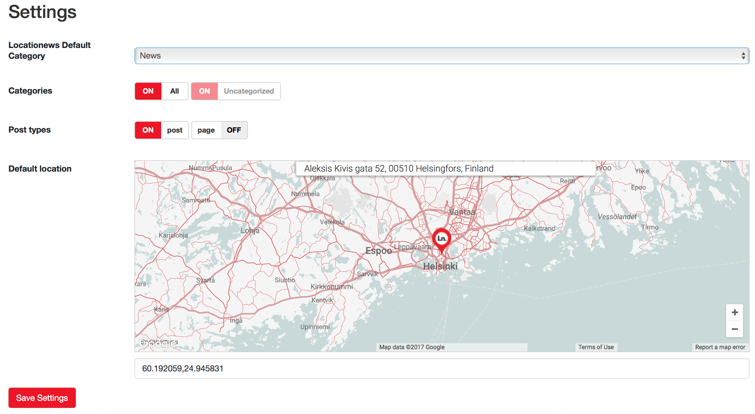 Locationews Plugin Settings