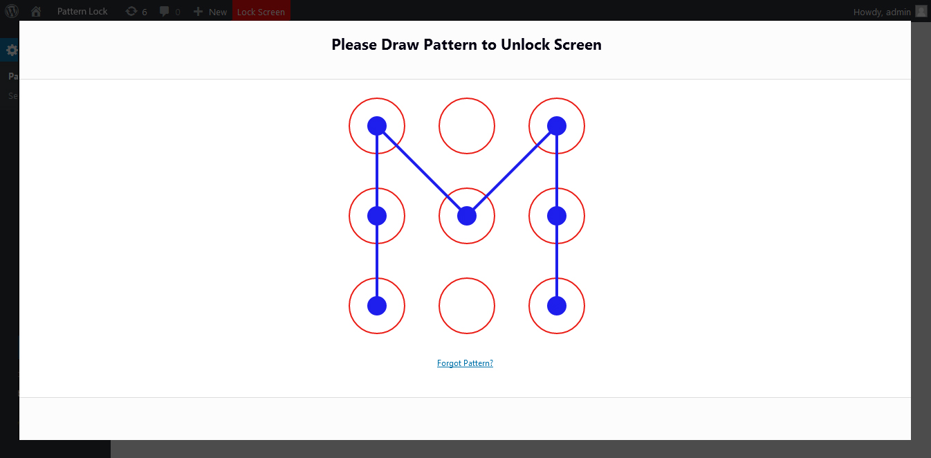 Pattern Lock Screen will show after click on Lock Screen red Button on Top Bar