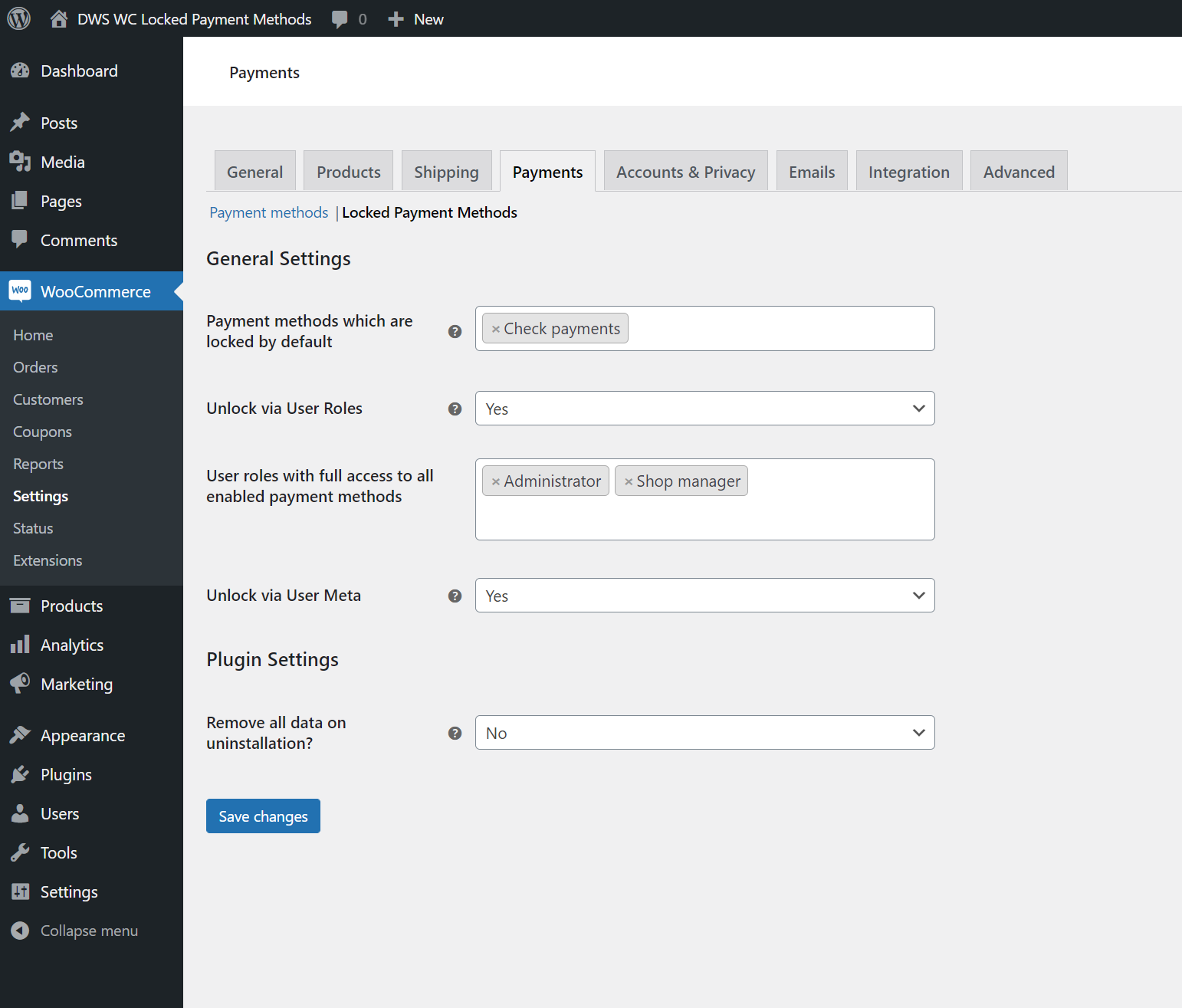Plugin settings section within the WooCommerce settings.