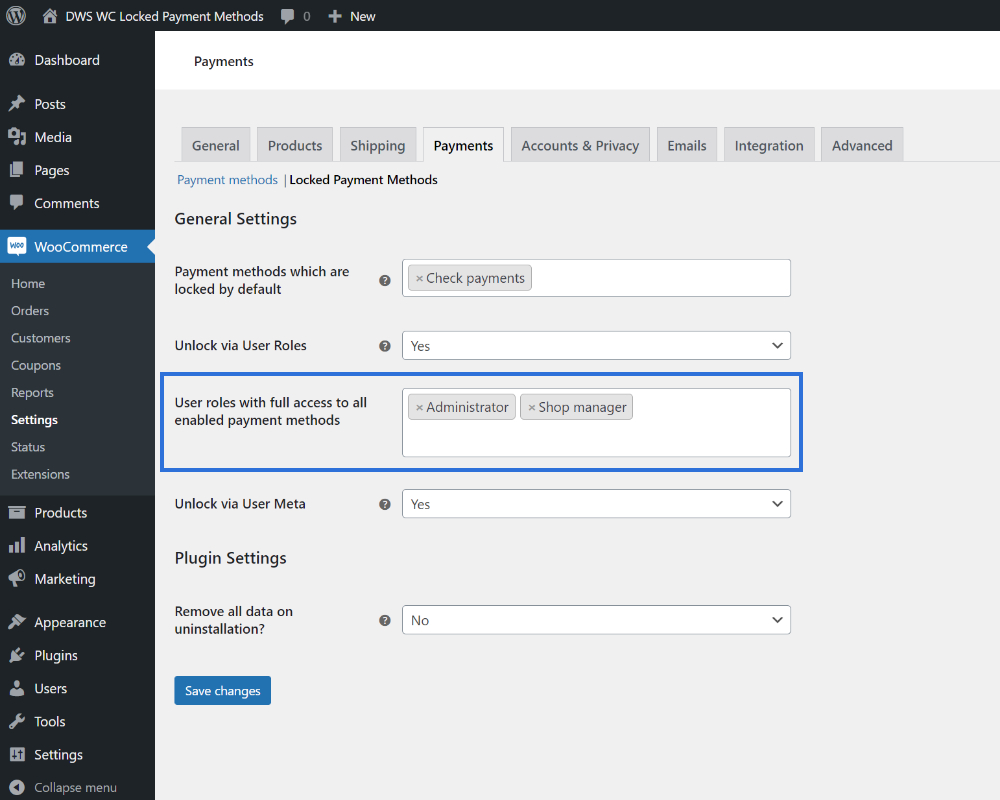 Example of how to unlock payment methods for all users of given roles.