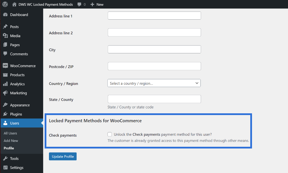 Example of how to unlock payment methods for a specific user.