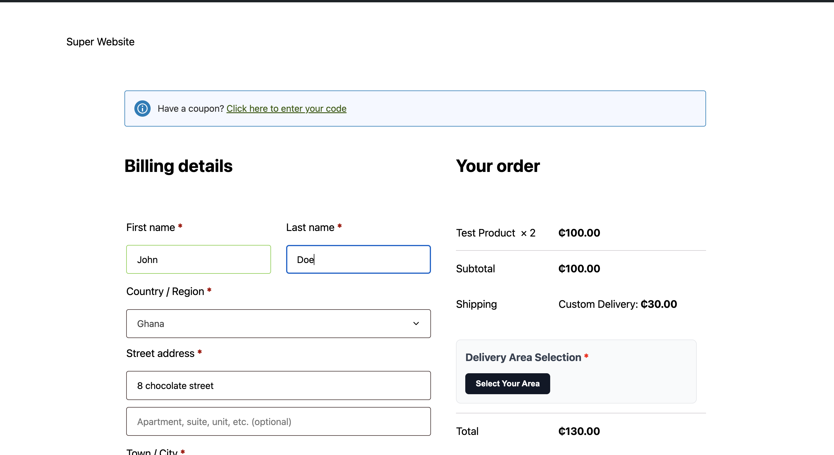 Checkout page with "Select Your Area" button