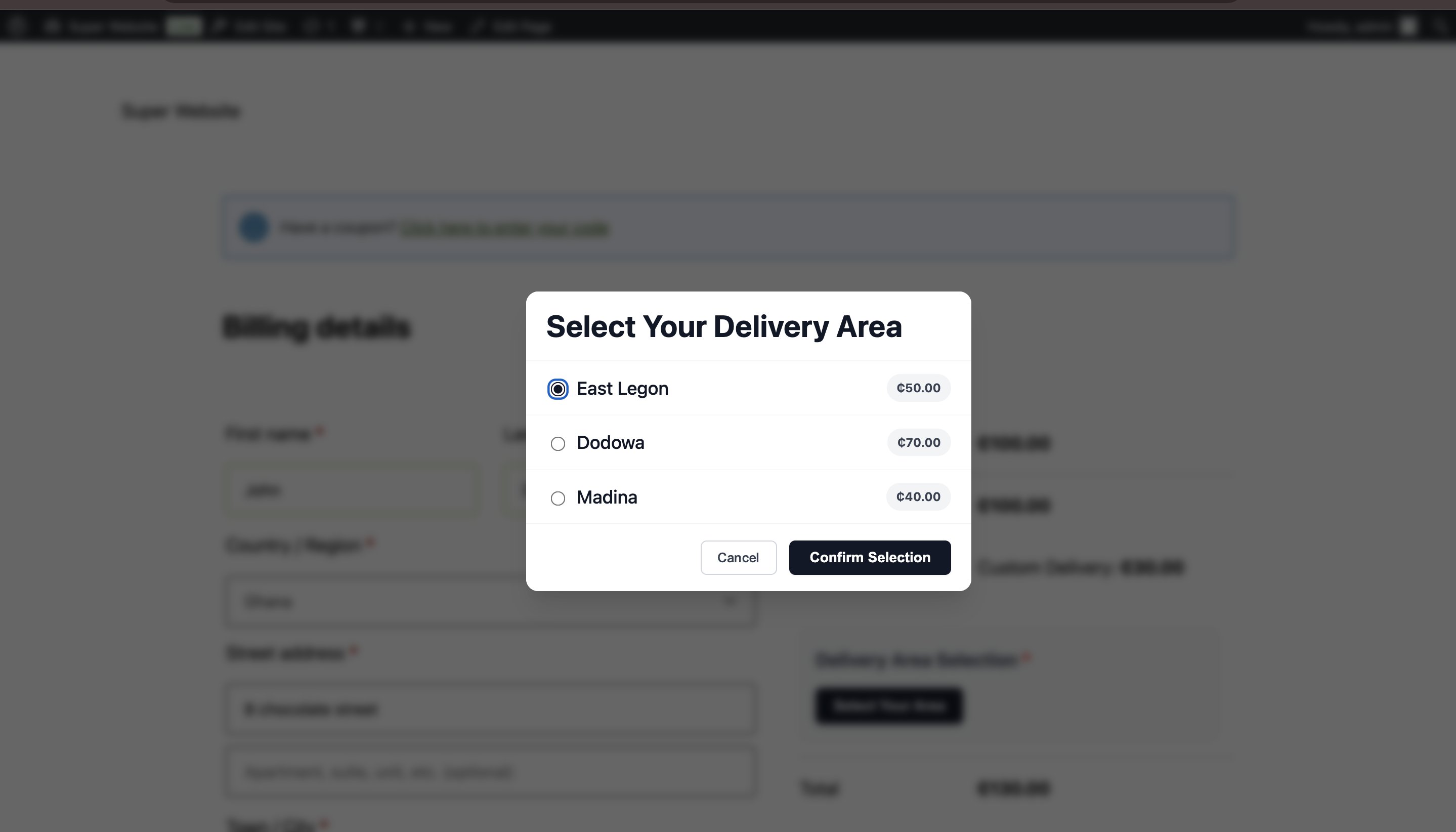 Modal displaying available delivery areas with prices