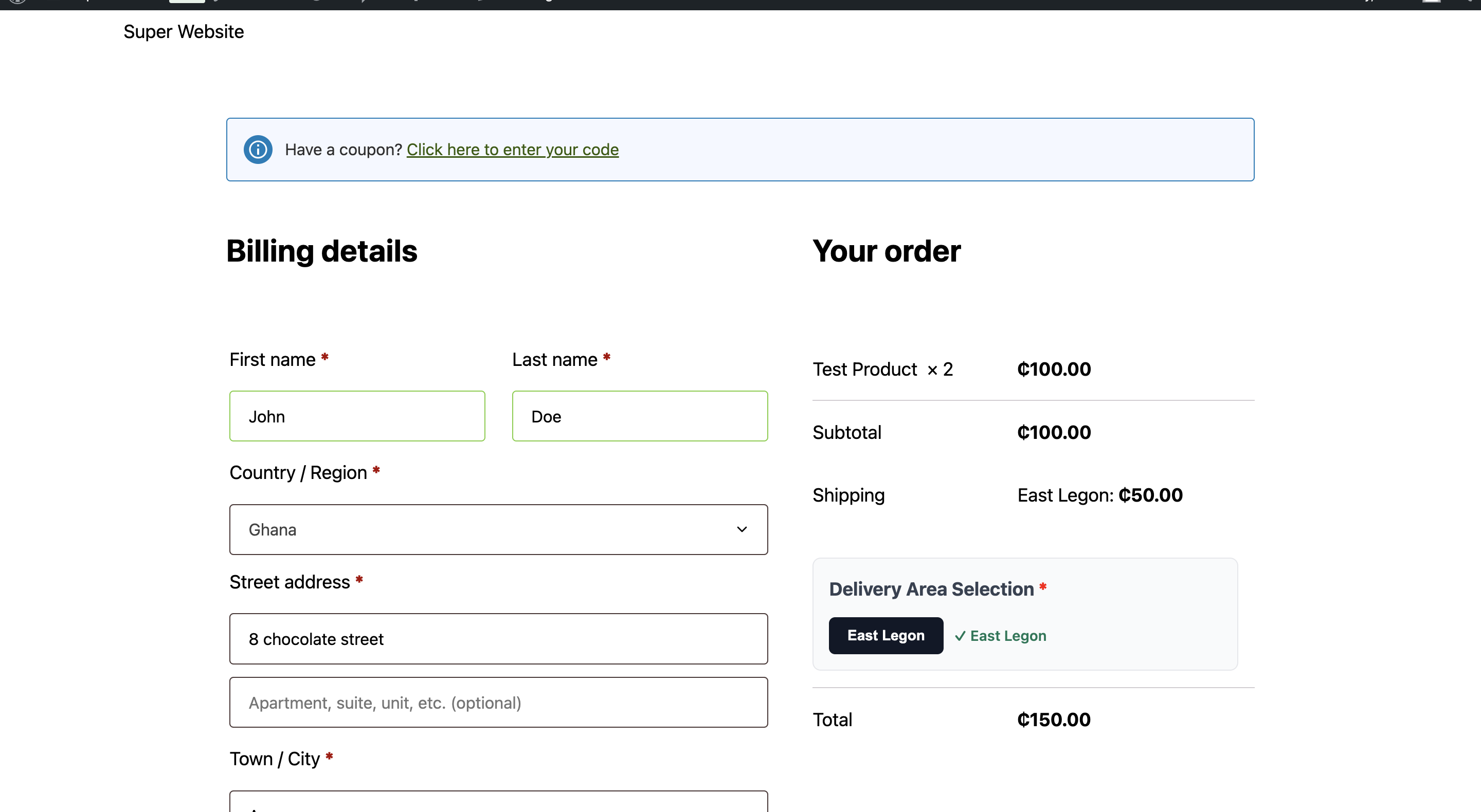 Selected delivery area confirmation on checkout