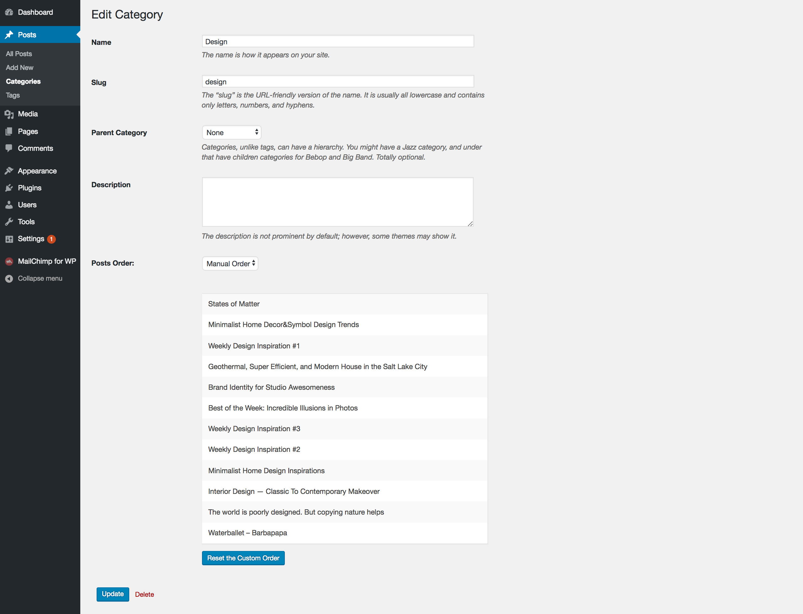 Category edit page