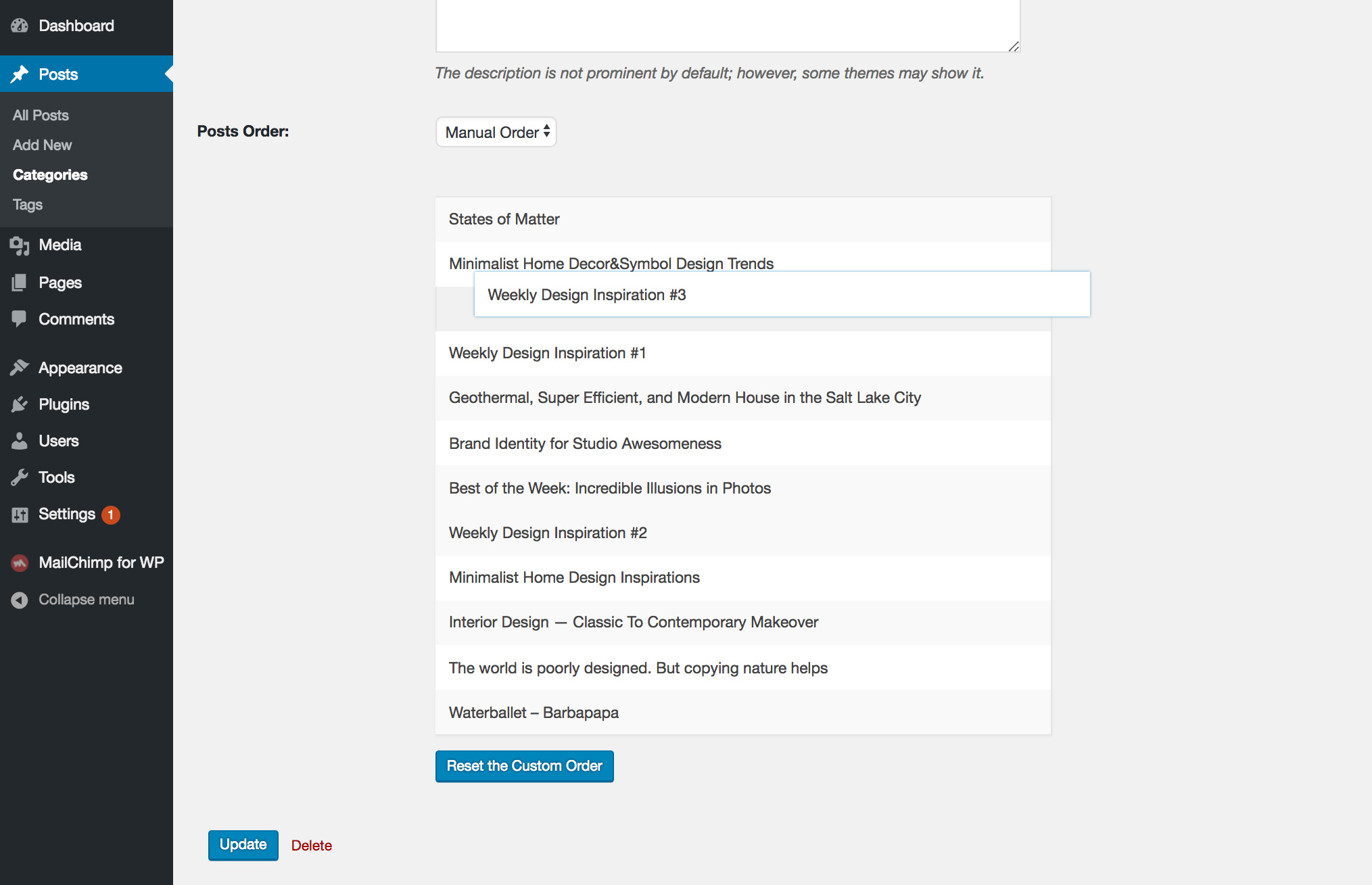 Drag and drop to change the posts order.