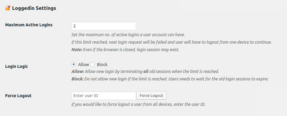 **Settings** - Set maximum no. of active logins for a user account.
