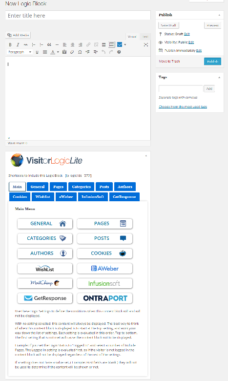 Visitor Logic Lite "Logic Block" settings.