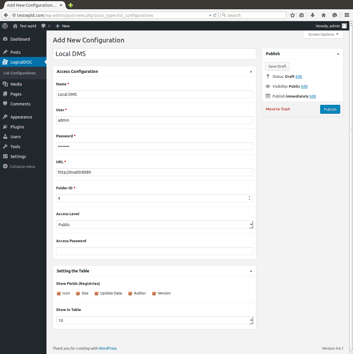 Creating a new configuration (connection to LogicalDOC)