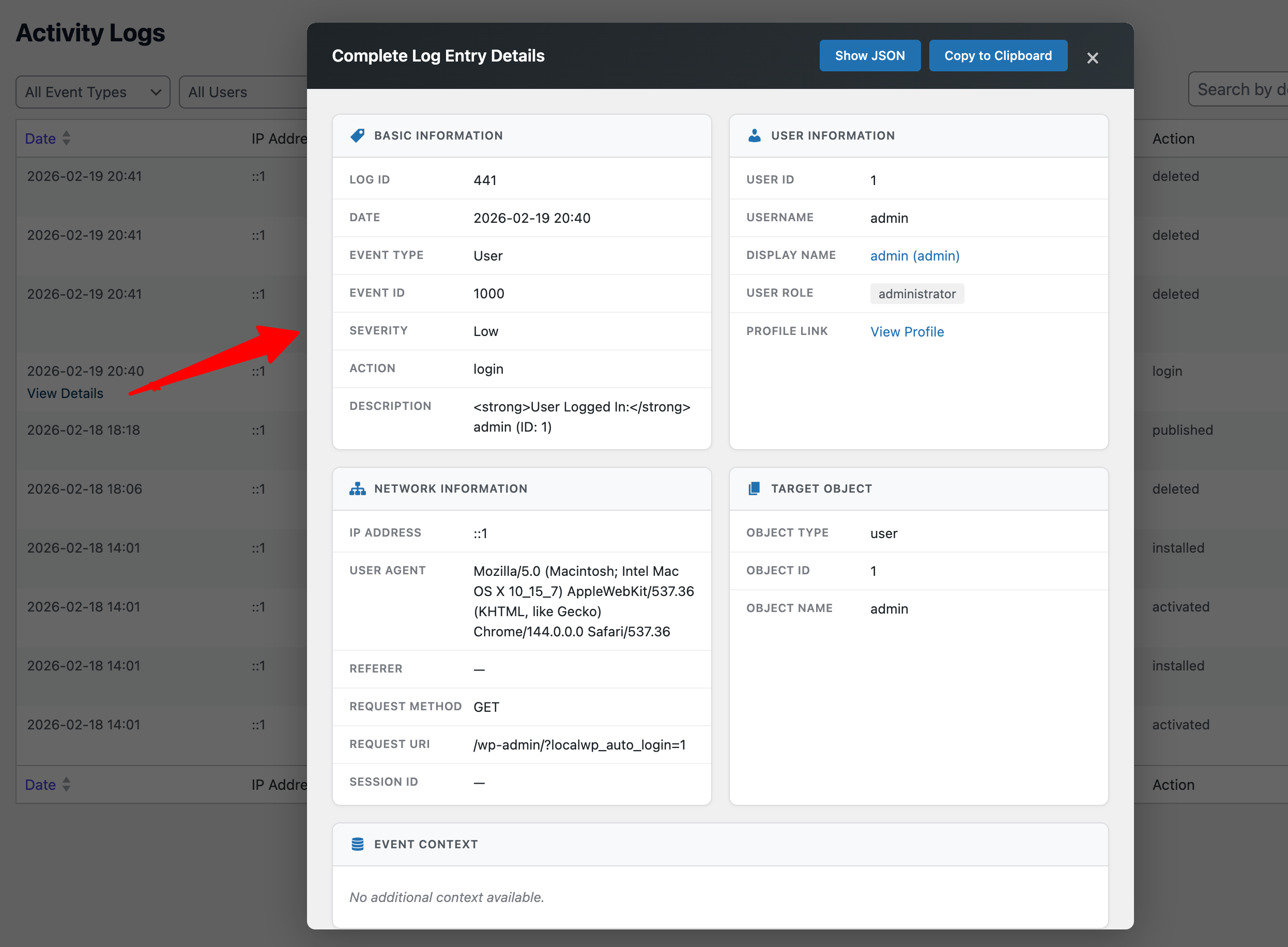 Activity Log Details View