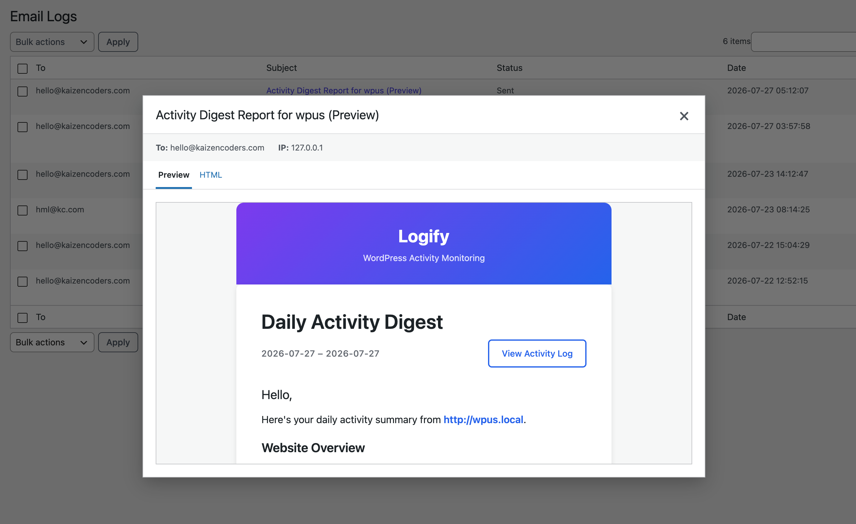 Email Logs View. **PRO**