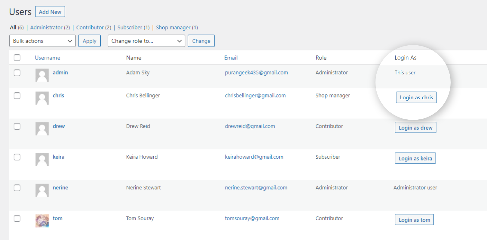 <b>Users Page:</b> On the Users List page, users will have a button "Login as User". You can click on this button to login to that specified account.