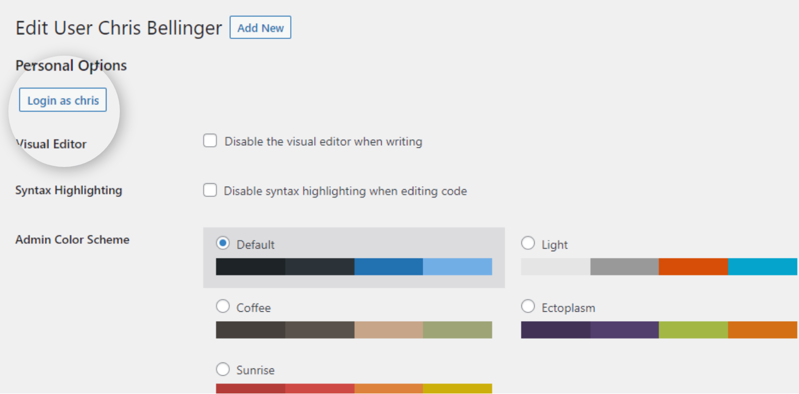 <b>User’s Edit Profile Page: </b>If you open any user profile page and want to login as this user, Just click the button "Login as User" at the top of the page.