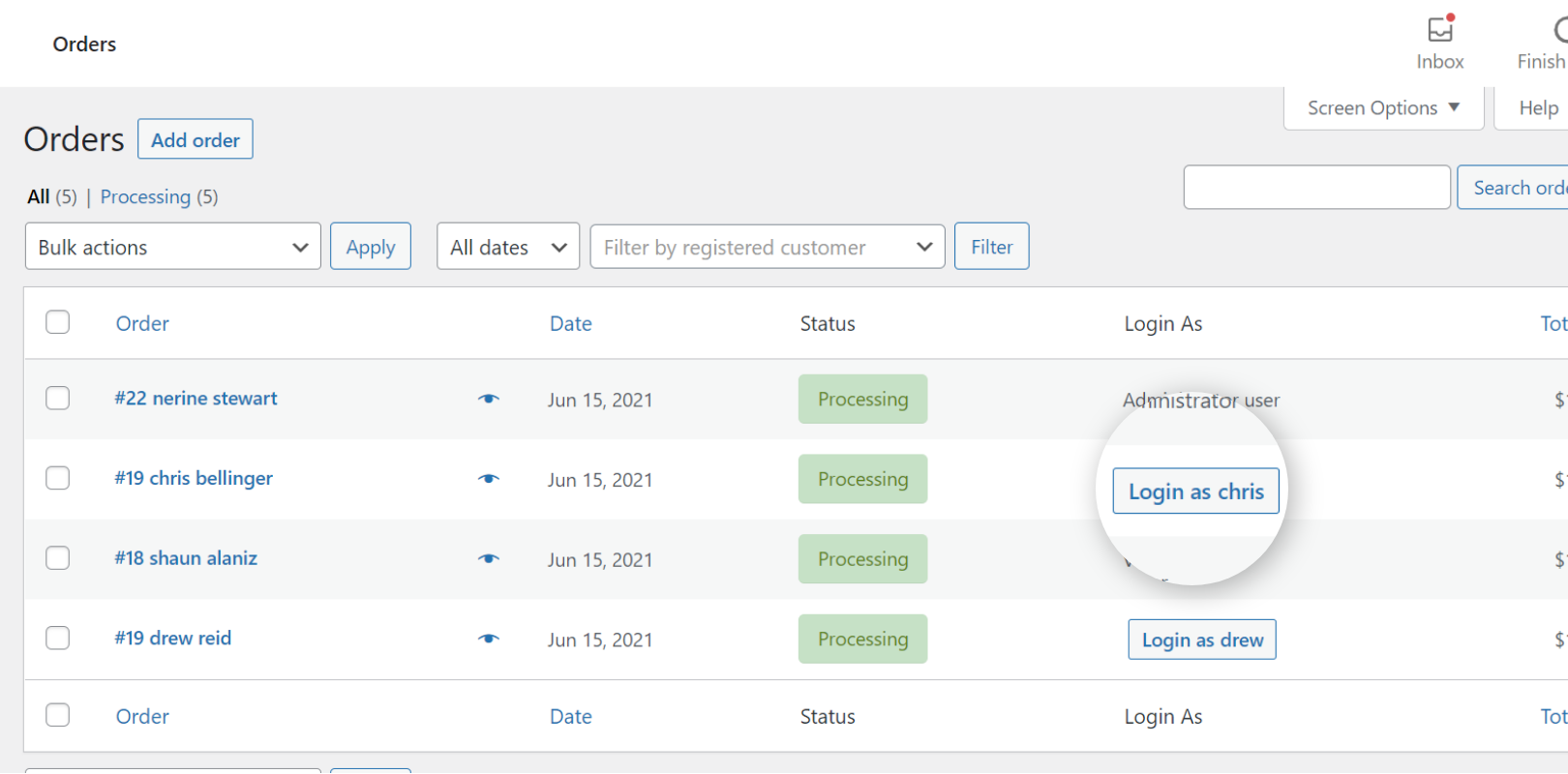 <b>WooCommerce Orders Page: </b>If you have the WooCommerce plugin, In the WooCommerce orders page, the Login as user button appears beside each customer to login as that user.