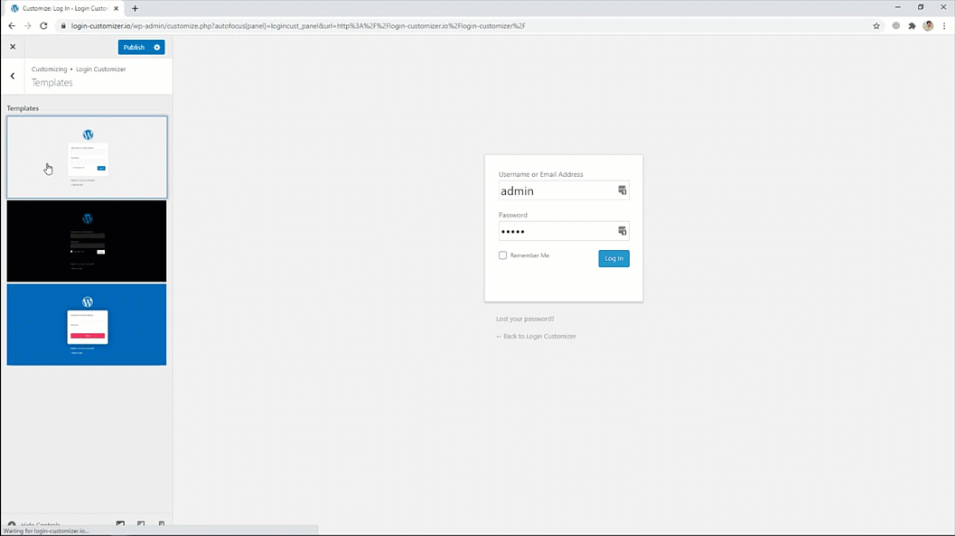 Custom Login - Select Login Page Templates from settings