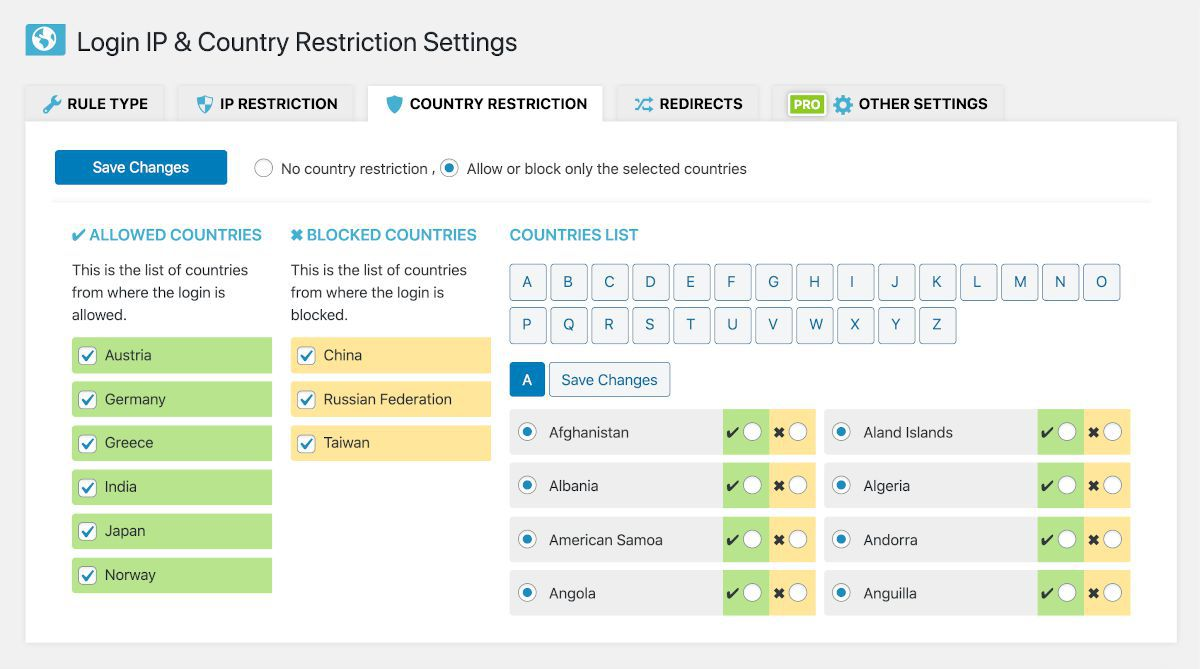 Options to select/deselect countries as allowed or blocked.