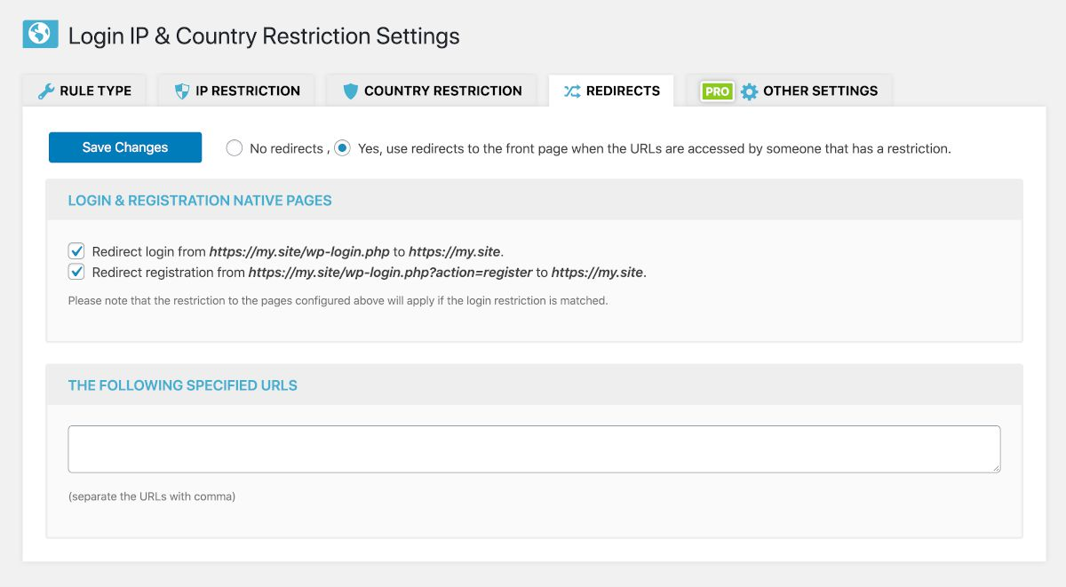 Options to configure redirects for visitors that match the authentication restrictions.