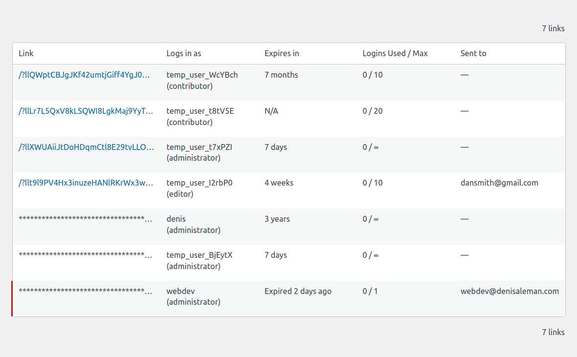 Temporary Login Links Screen.