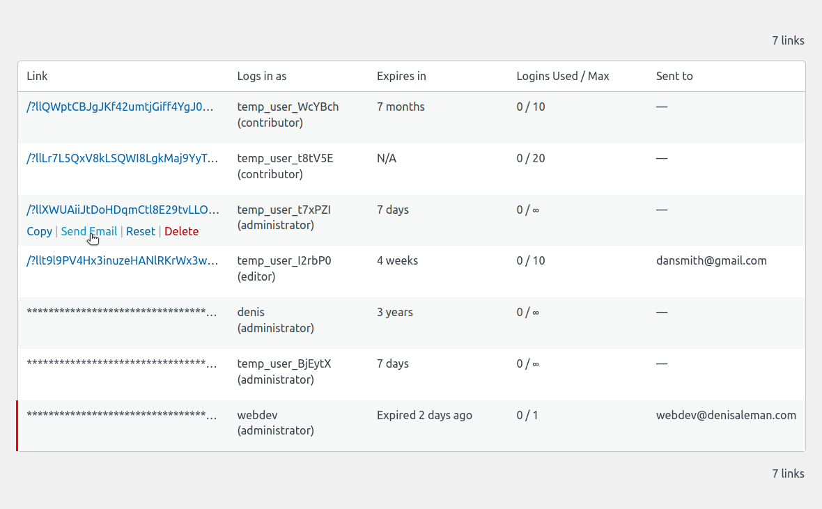 Temporary Login Links Screen, Sending Link by Email.