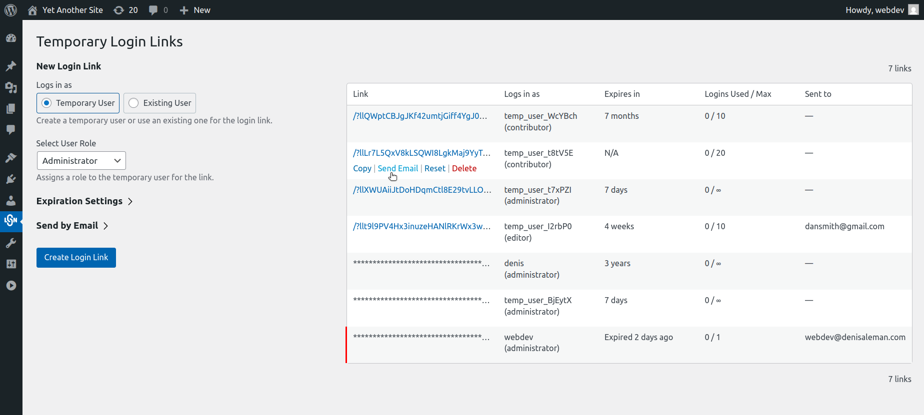 Temporary Login Links Screen, New Link Created.