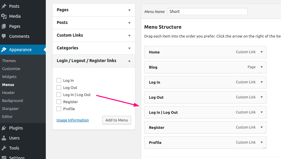 Plugin menu options in the admin area of the site.