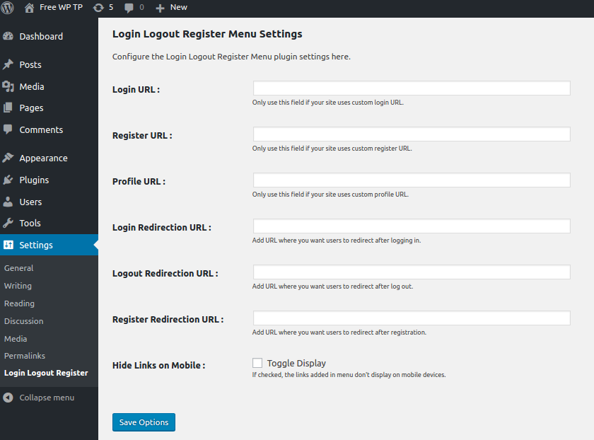 Plugin settings in the admin area of the site.
