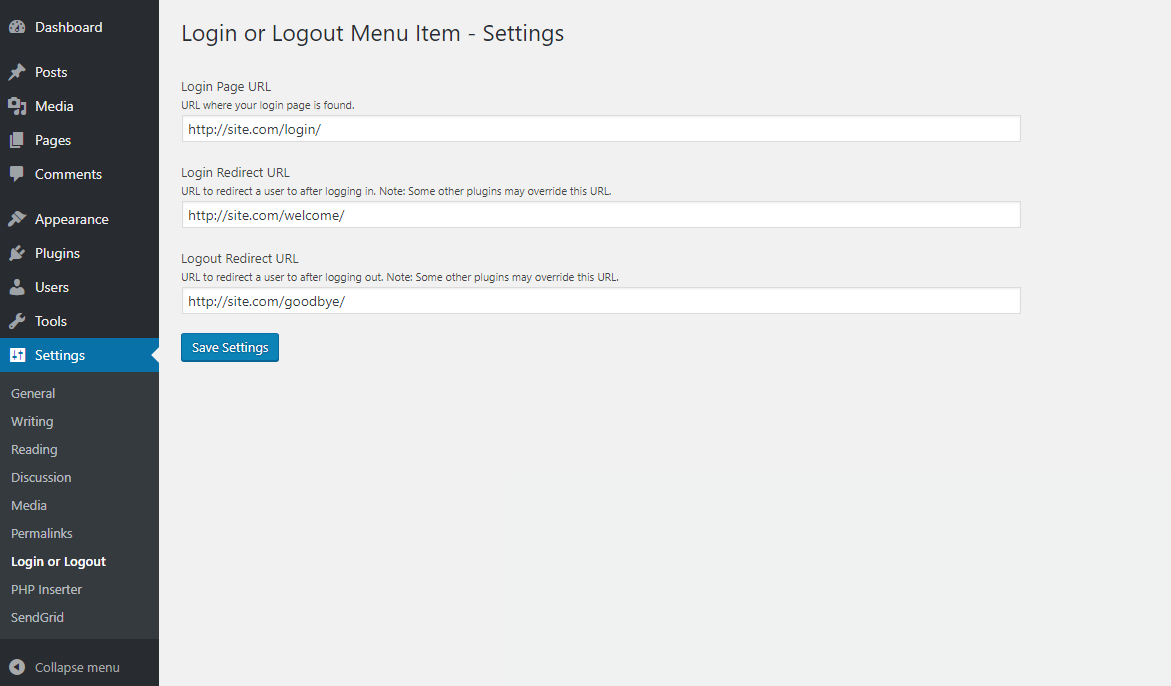 Login or Logout Menu Item - Settings