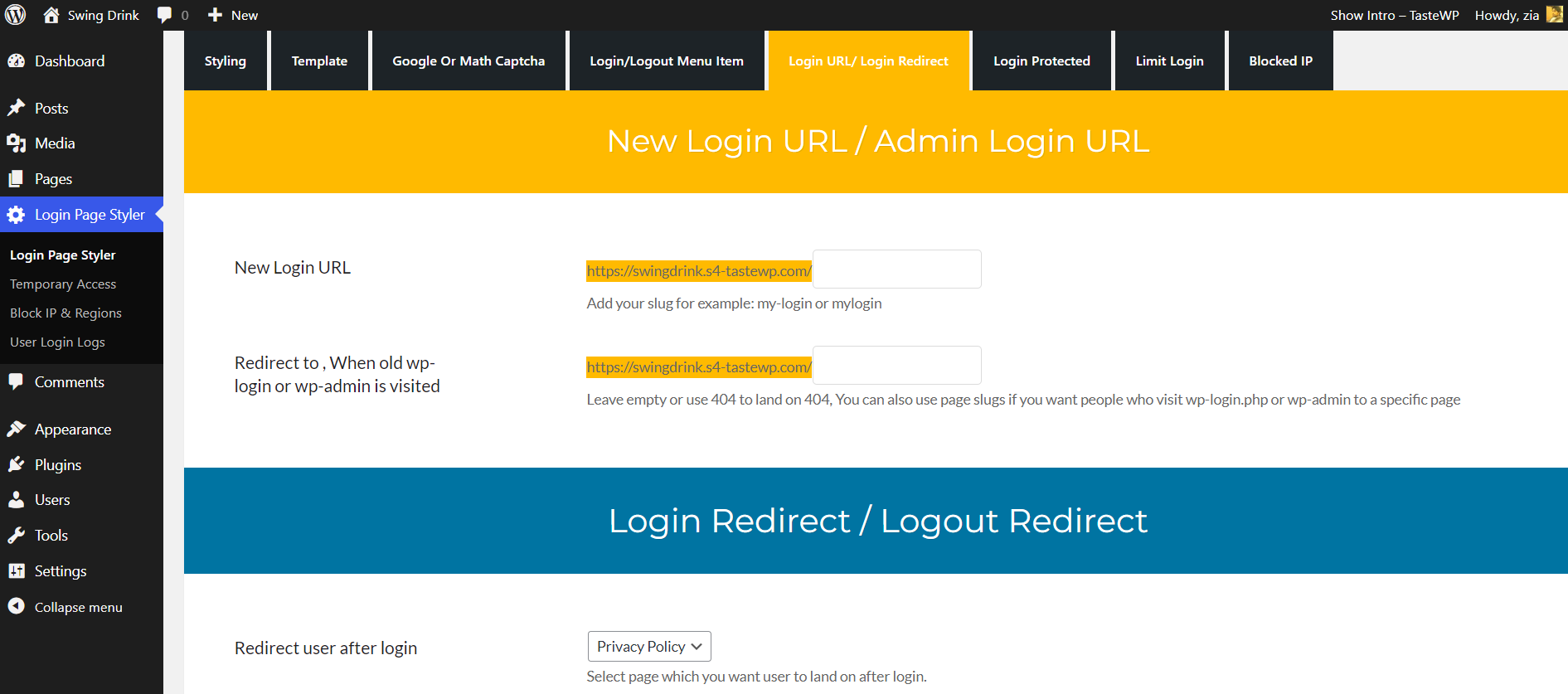 Custom login URL settings