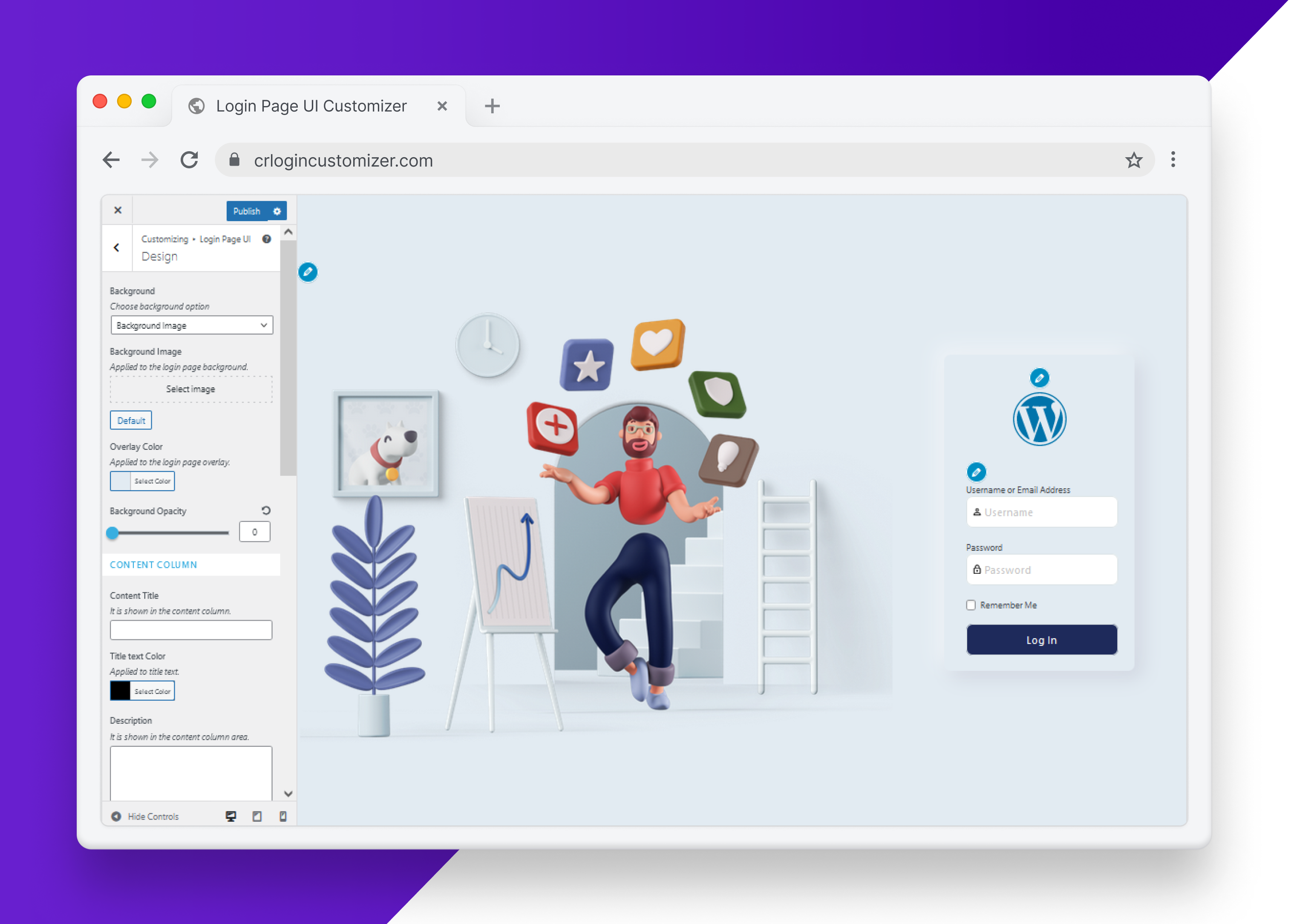 Login Page UI Customizer - Design Options (content image, form column width, background, opacity)