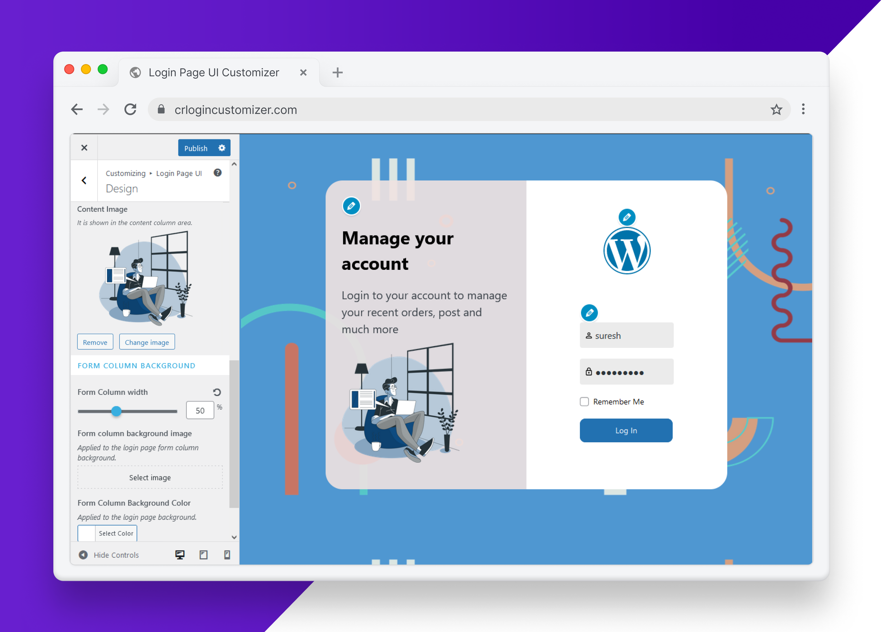 Login Page UI Customizer - Form Styling (transparent form, form width, form label color)