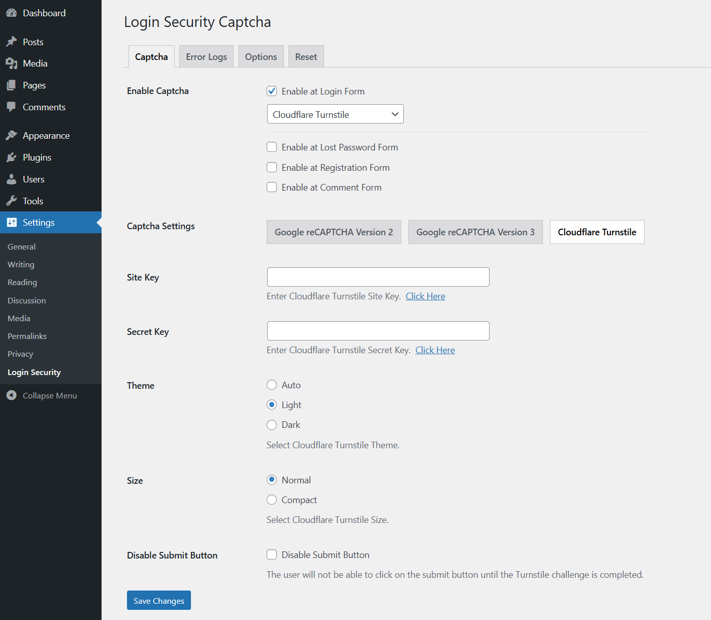 Cloudflare Turnstile Settings - Login Security Captcha