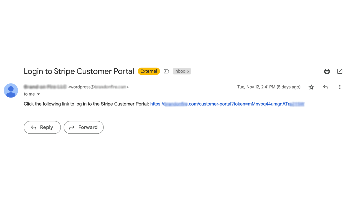 Email including temporary login link for Stripe Customer Portal
