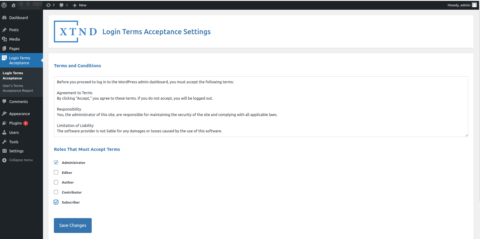 Example Terms and Conditions acceptance page.