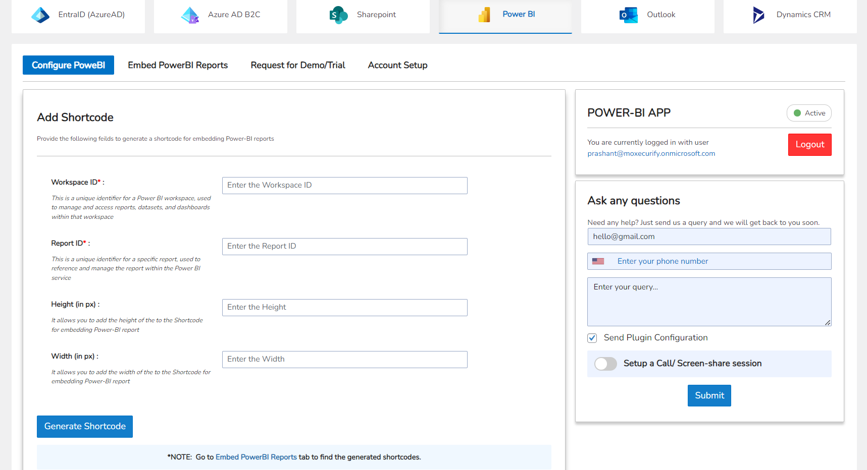 Configure PowerBI App and Generate Shortcode