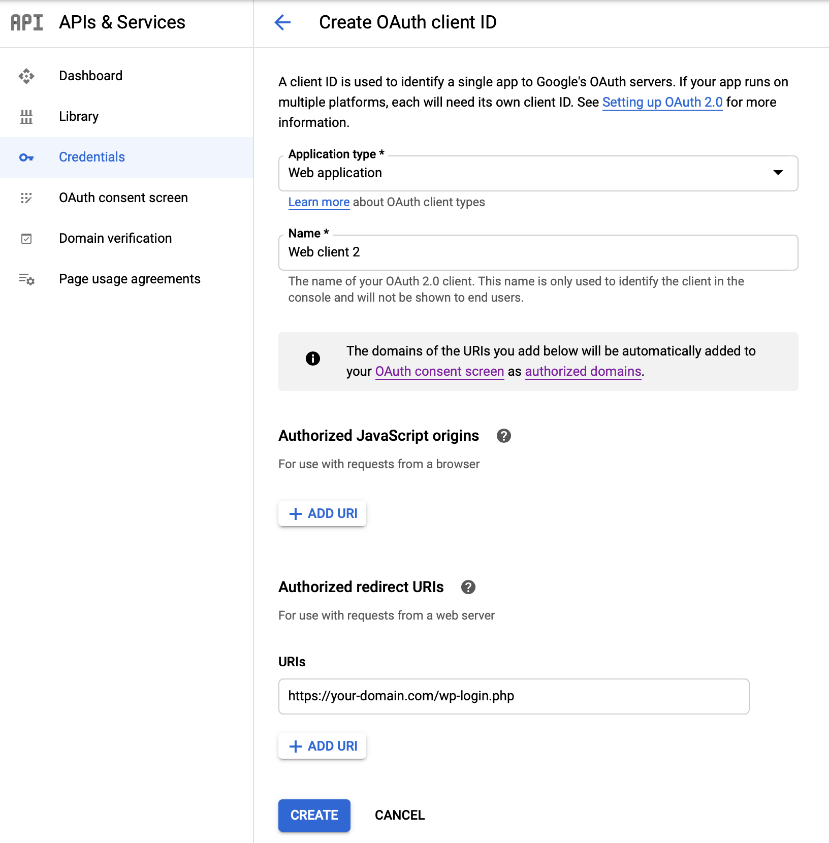 Settings within Google Developer Console.