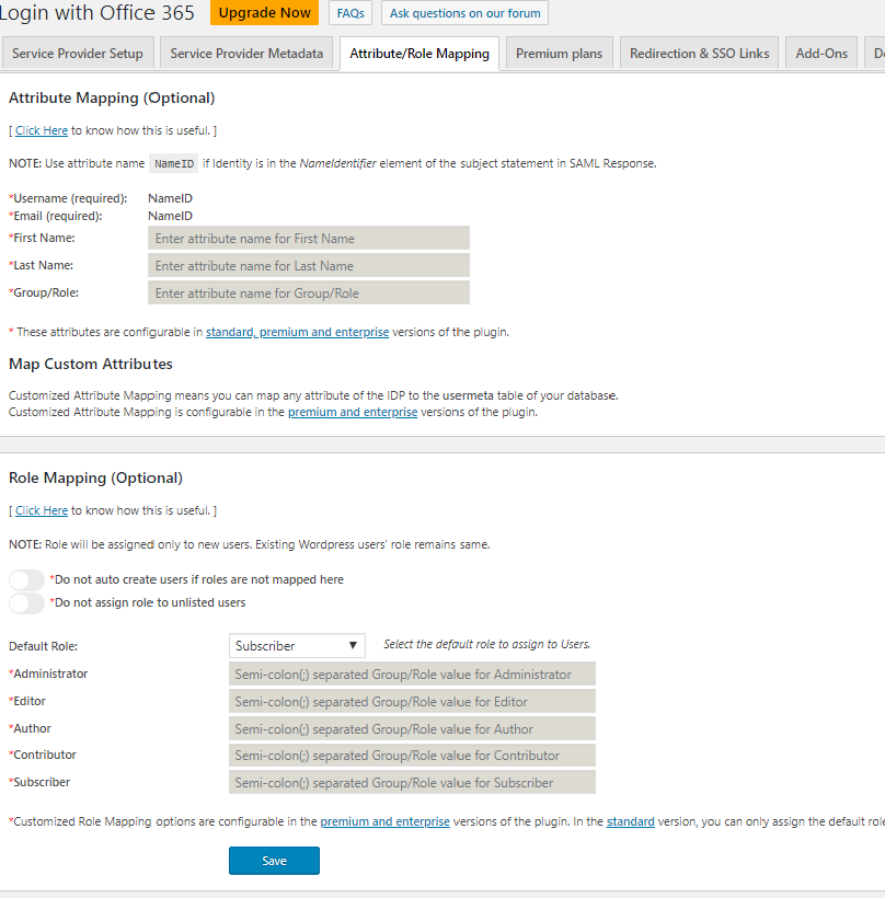Configure Attribute/Role Mapping for Users in Wordpress.