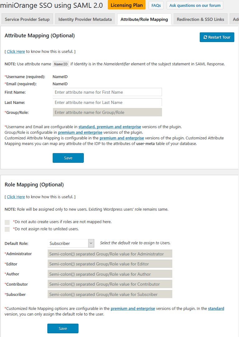 Configure Attribute/Role Mapping for Users in Wordpress.
