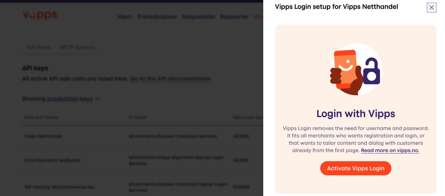 Activating Login with Vipps and MobilePay at the [Vipps MobilePay Portal](https://portal.vippsmobilepay.com)