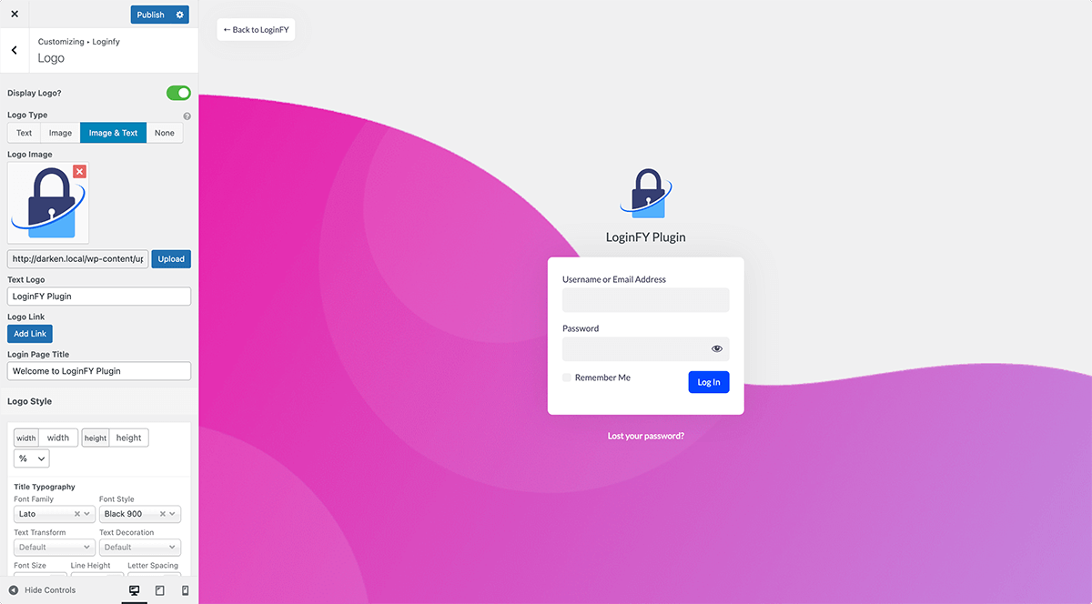 Login Form Styling with Logo - Customize the form's background, size, borders, shadows, and positioning.