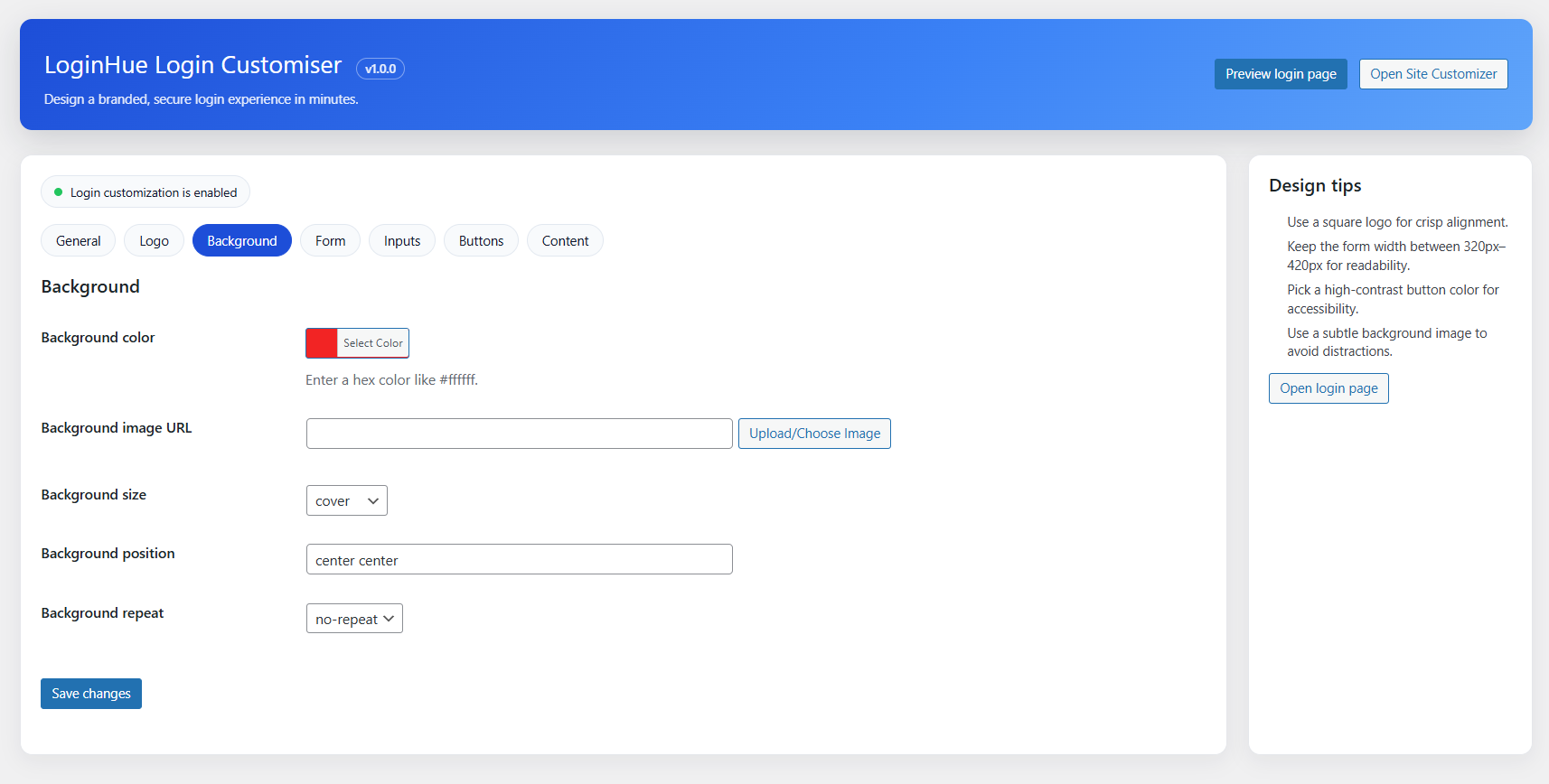 Login Customizer Background section settings