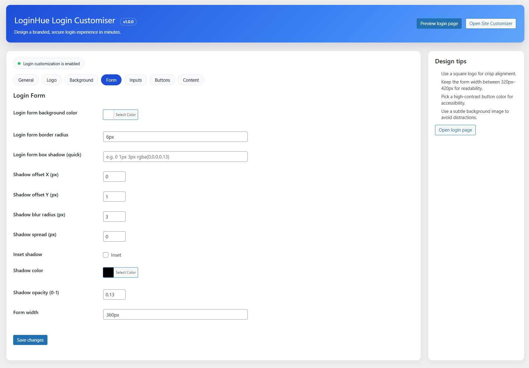 Login Customizer Form section settings
